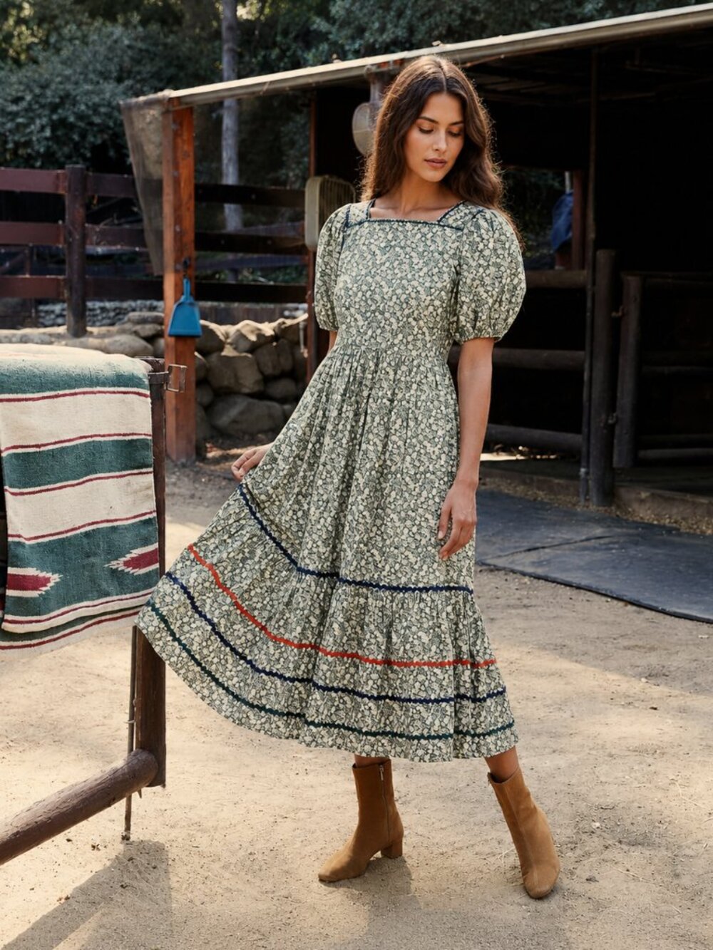 Doen Dune Dress Pomme et Poire Green Apple Midi Size XXL Puff Sleeve Cottagecore
